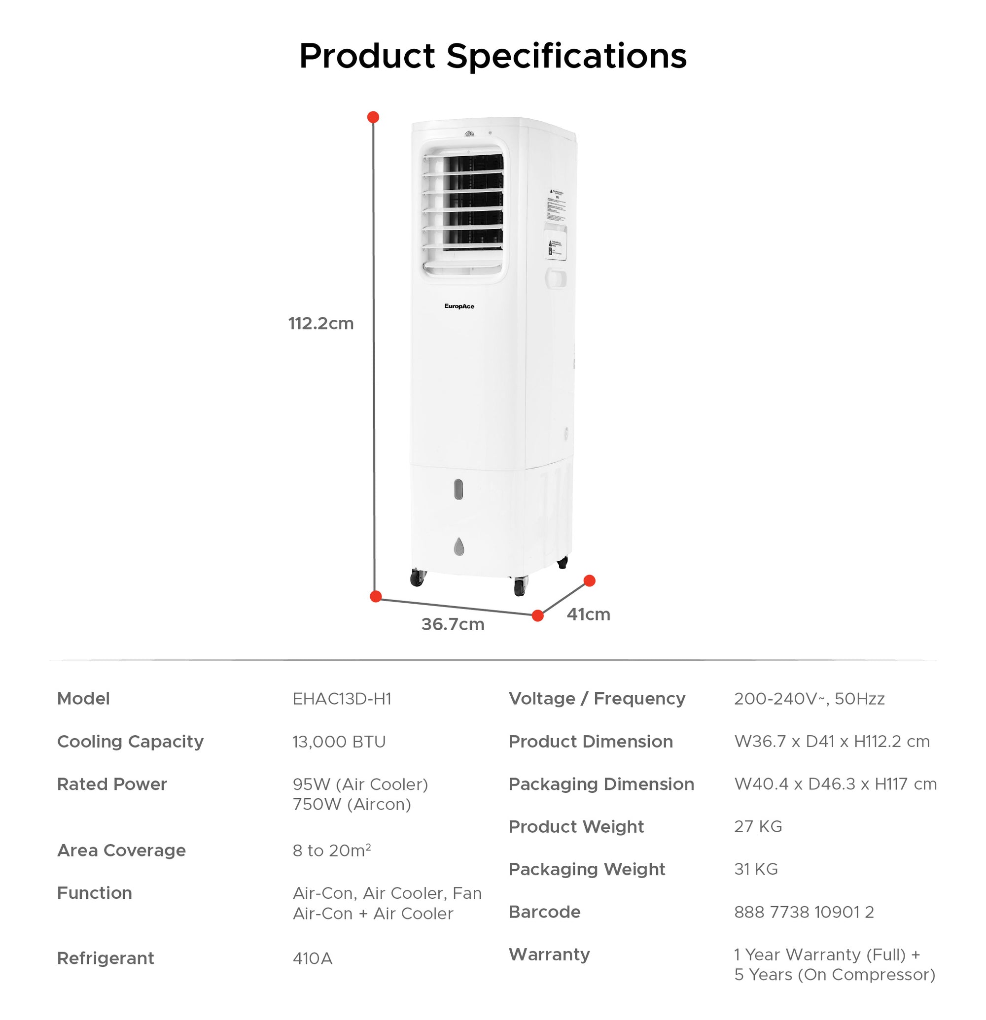 4-IN-1 Hoseless Spot Cooler with Air Con Compressor | Hybrid Cooling Technology, 60% Energy Savings, 3 to 7x More Power (13K BTU of Cooling Power)