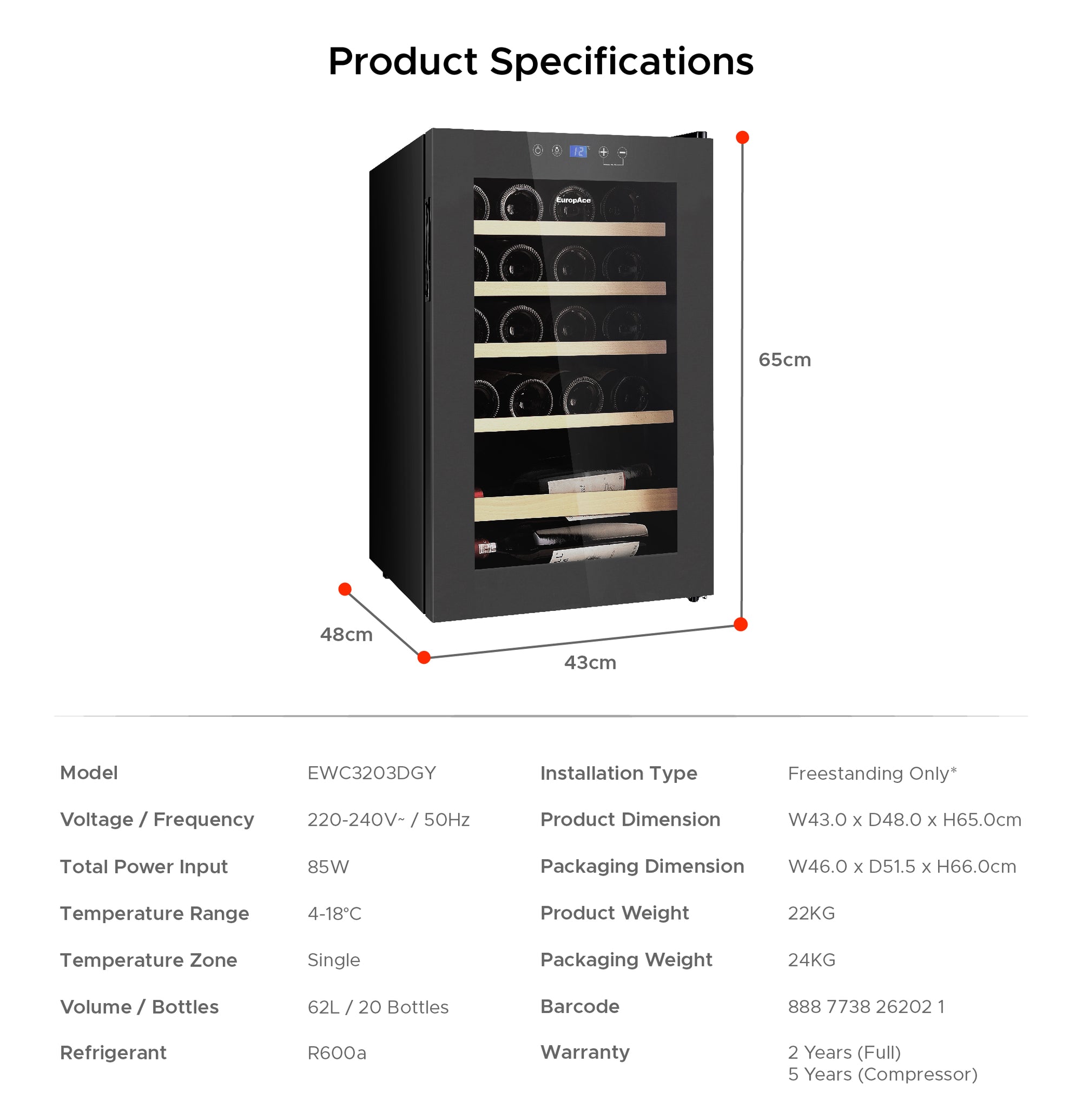 20 Bottles Wine Chiller | 3 Layered Anti-UV Glass, Beechwood Shelves