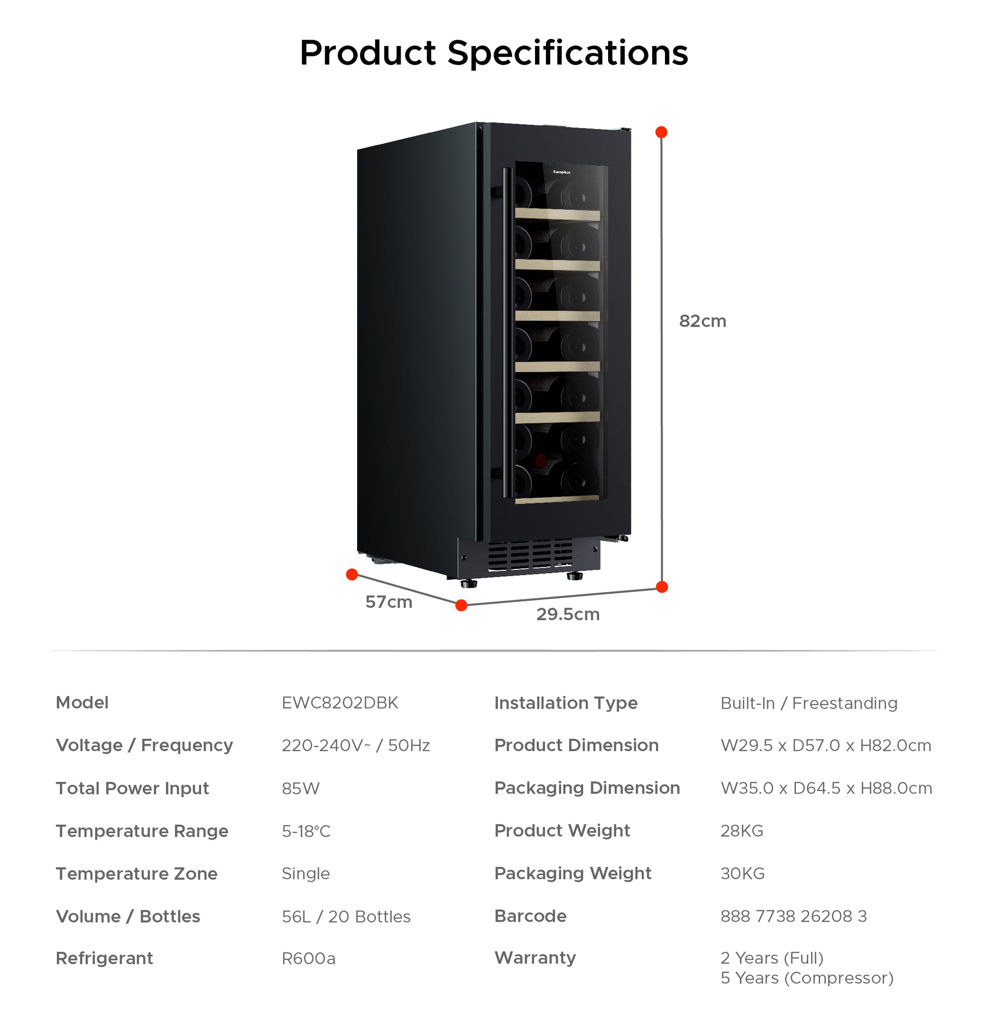 20 Bottles Slim Wine Chiller | 3 Layered Anti-UV Glass, Beechwood Shelves